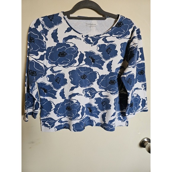Charter Club Blue & White Floral Top Large 100%‎ Pima Cotton - Picture 1 of 5